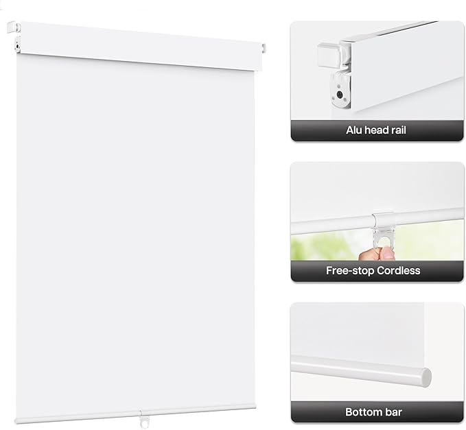 LazBlinds No Drill Blinds for Indoor Windows, Blackout Roller Shades, Cordless Window Blackout Blinds, Thermal Insulated Fabric UV Protection for Home and Office, 21" W x 48" H, White