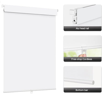 LazBlinds No Drill Blinds for Indoor Windows, Blackout Roller Shades, Cordless Window Blackout Blinds, Thermal Insulated Fabric UV Protection for Home and Office, 35.5" W x 48" H, White