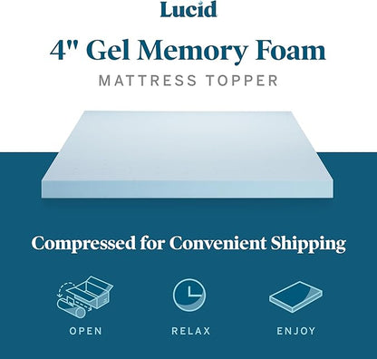 Lucid 4 Inch Memory Foam Mattress Topper, California King Size – Cooling Gel Bed Topper – Preassure-Relieving Ultra Plush Feel – Ventilated Breathable Design – CertiPur Certified - Dorm Essentials