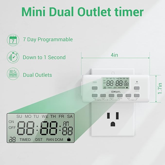 Digital Timer Switch - 2 Pack, 7 Day Programmable, 10 On/Off Settings, 24-Hour & 7-Day Programmable Electric Plug Timer