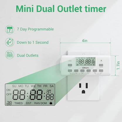 Digital Timer Switch - 2 Pack, 7 Day Programmable, 10 On/Off Settings, 24-Hour & 7-Day Programmable Electric Plug Timer