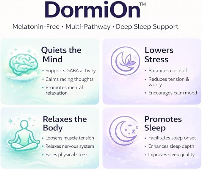 DormiOn™ Sleep + Restore Melatonin-Free Sleep Aid with Clinically-Proven Shoden® Ashwagandha, PharmaGABA®, Sleeproot® Valerian Root, L-Theanine, Mg., BioPerine® and 4 other Herbs. No grogginess.