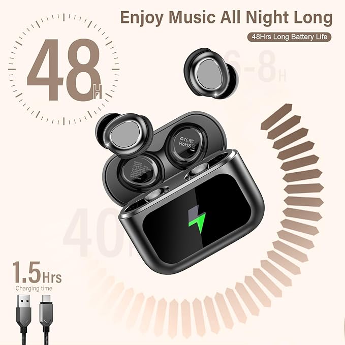 Sleep Earbuds Bluetooth 5.4 in Ear Touch Screen Sleep Headphones, Small Design Mini Sleep Earbuds for Side Sleepers with Sleep Mode, 48H Playtime Sleep Earphones Clear Calls, Carbonblack