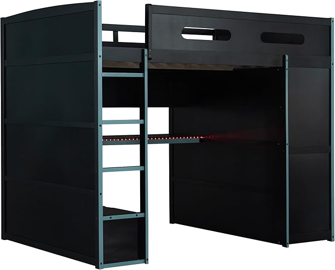 GOWE Full Size Wood Loft Bed with Desk,Wardrobe,Ample Storage Space,and RGB Light, Cloud Blue(Old SKU:LT000261AAC)