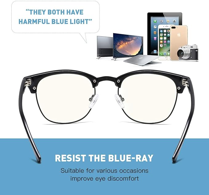 Blue Light Blocking Glasses Vintage Half Frame UV Clear Lens Anti Eyestrain Computer Gaming Glasses for Women Men (G09-matte Black Silver+green leopard)