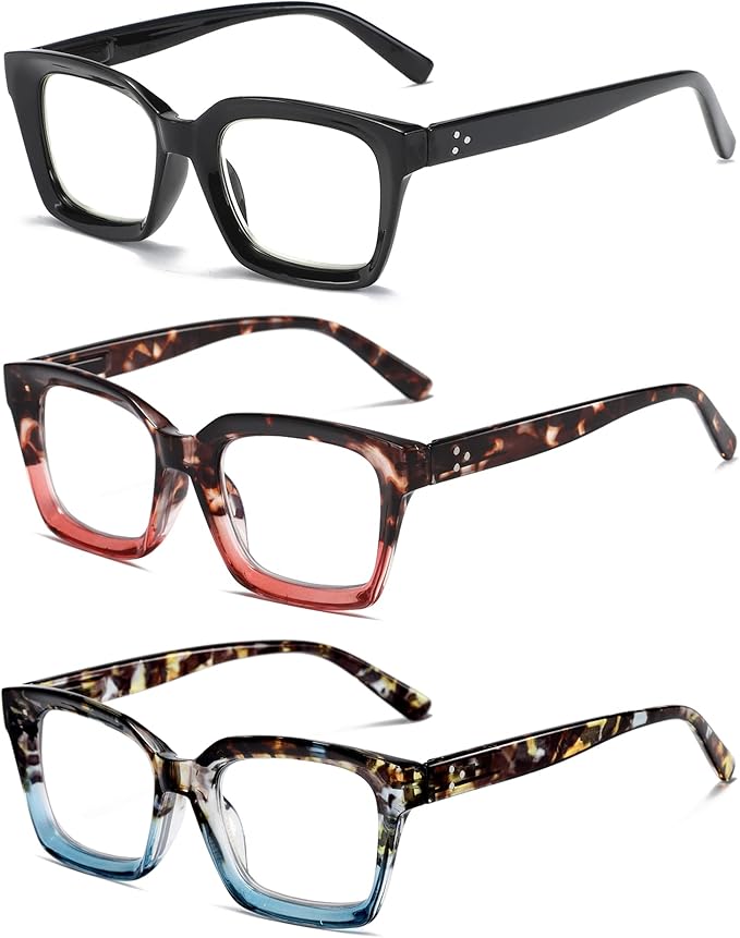 3 Pack Oversize Square Design Reading Glasses for Women,Fashion Readers with Spring Hinge (Black&Blue sunset&Pink sunset, 2.5)