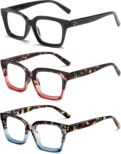 3 Pack Oversize Square Design Reading Glasses for Women,Fashion Readers with Spring Hinge (Black&Blue sunset&Pink sunset, 1.25)