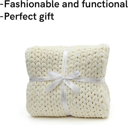 YnM Velvet Weighted Blanket, Handmade Chunky Knitted Design, Soft and Cozy, Temperature Regulating and Breathable, Machine Washable Throw for Sleep or Home Decor (Cream, 50x60 Inch, 10lbs)
