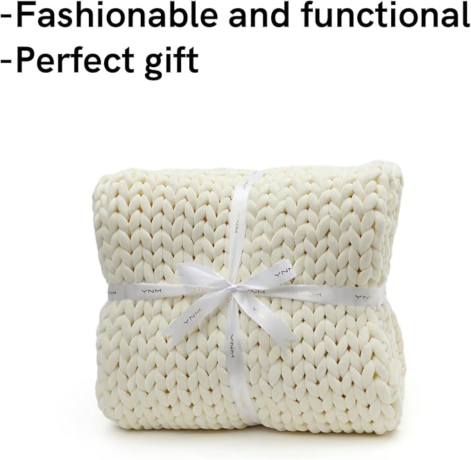YnM Velvet Weighted Blanket, Handmade Chunky Knitted Design, Soft and Cozy, Temperature Regulating and Breathable, Machine Washable Throw for Sleep or Home Decor (Cream, 60x80 Inch, 20lbs)