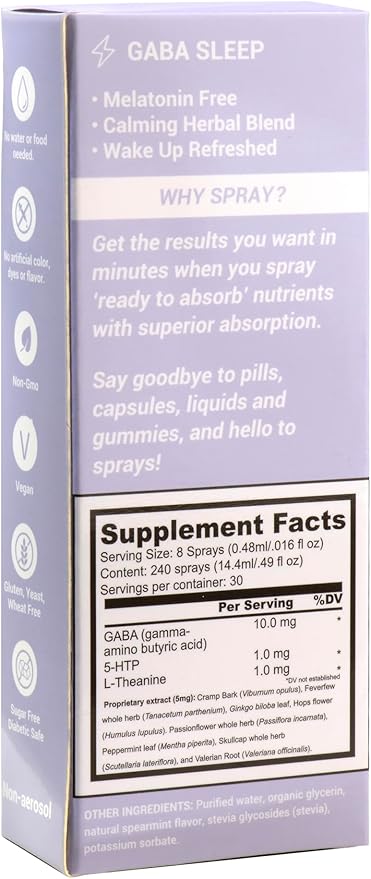 Melatonin Free GABA Sleep Support Spray Supplement 2 Pack -Vegan, Natural & Effective Oral Spray with GABA, L-Theanine, 5 HTP, & Herbal Blend. Non-GMO, No Melatonin, 60 Day Supply