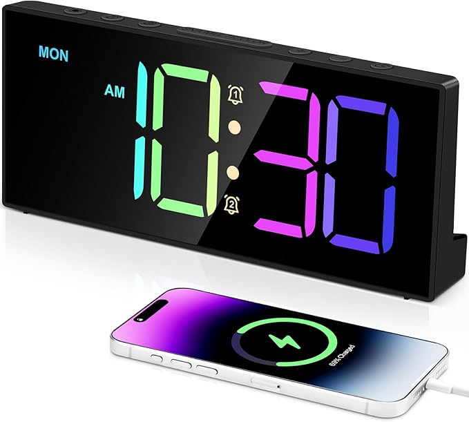 Loud Alarm Clock for Heavy Sleepers, Digital Clocks with Adjustable Volume Brightness,Snooze,Battery Backup, Large Numbers Display RGB Colorful Changing Clock for Bedrooms,Offce Living Rooms