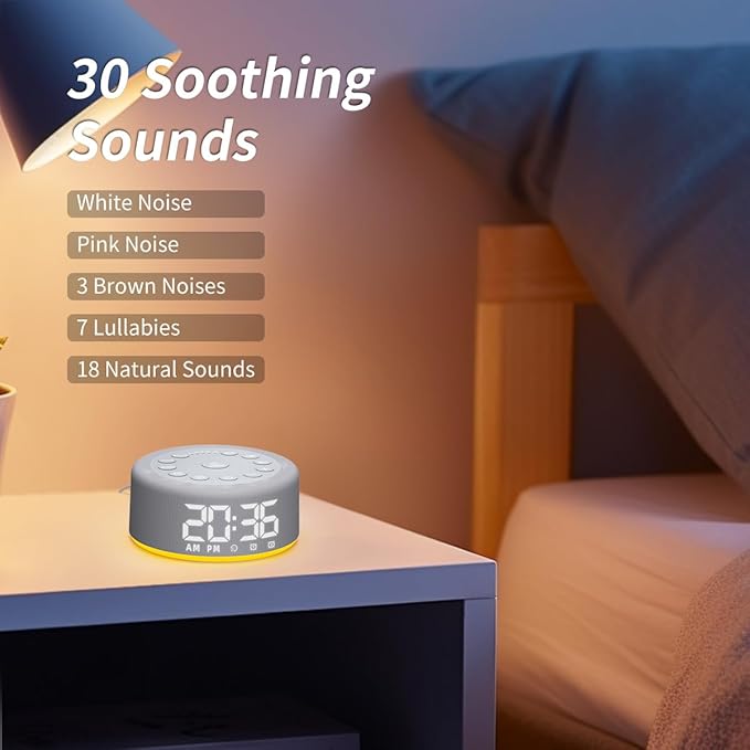 Plug-in Sound White Noise Machine Backup Battery Alarm Clock Brown Noise Machine with Night Light Dual Alarms 30 Sleeping Sounds for Baby Kids Adults 36-Level Vol 5 Timers 15 Wake Up Sounds & Memory