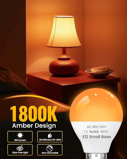 E12 Small Candelabra Base Amber Sleep Light Bulbs, 3W 1800K Soft Light Bulbs Warm Light for Bedroom,G45 300LM Dim Orange Bulbs,Blue Light Blocking,30-40W Equivalent,Non-Dimmable,2 Pack