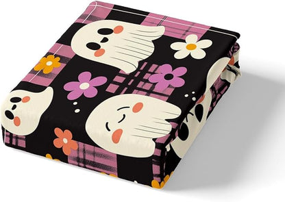 Cute Ghost Bed Sheet Set Home Decor Daisy Groovy Flowers Pink Plaids Patchwork Sheet Sets Deep Pocket,Happy Halloween Kawaii Ghosts Black White Mattress Cover,Twin Size with 1 Pillowcase