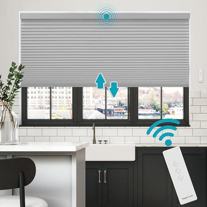 BlindsAvenue Simply Motorized Cellular Shades with Remote Control, Automatic Electric Cordless Wireless Blinds for Indoor Window, Blackout Blind, Color: Gray Sheen, Size: 31" W x 48" L