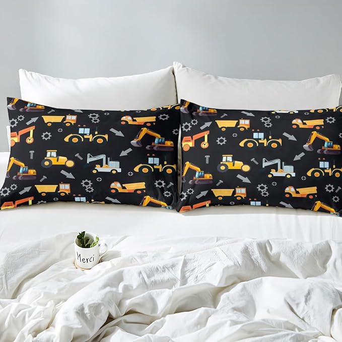 Engineering Vehicle Fitted Sheet Twin Size,Construction Bedding Excavator Truck Bedding All-Round Elastic Pocket,Cartoon Yellow Car Kids Bed Sheet 2 Pieces Fits Mattress