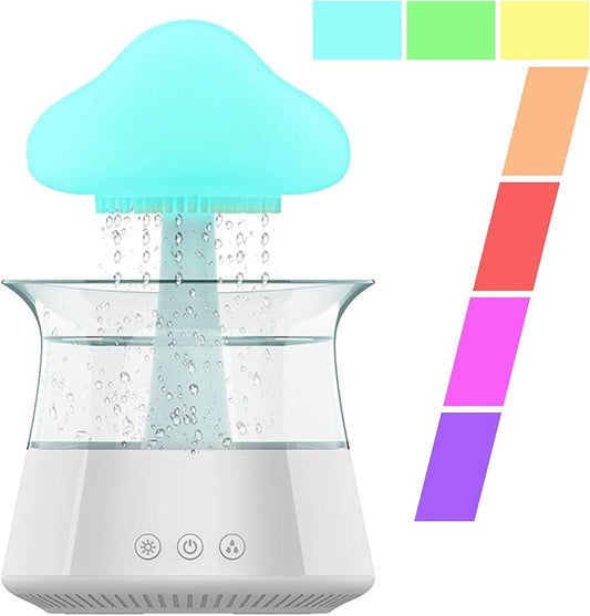 Rain Cloud Humidifier Water Drip - Mushroom Aroma Diffuser, Essential Oil Diffusers, 300ml White Noise Aromatherapy Diffusers with 7 Colors Cloud Lights for Home, Large Room, Office - White