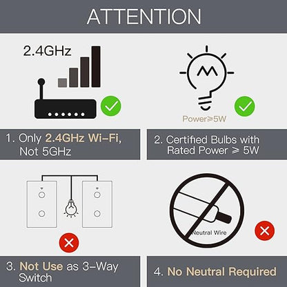 MOES Touch Wall Single Live Wire Smart Switch, No Neutral Wire Needed, 2.4GHz WiFi RF433 Light Switch Works with Smart Life/Tuya App, Alexa and Google Home, Single Pole Black 2 Gang Include Capacitor