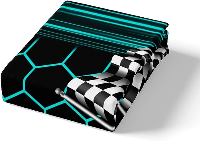 Neon Lines Honeycomb Geometric Bedding Set Full Size,Racing Car Theme Fitted Sheet,Checkered Flag Sheet Set for Kids Teens Adults Bedroom Decor,2 Pillowcases