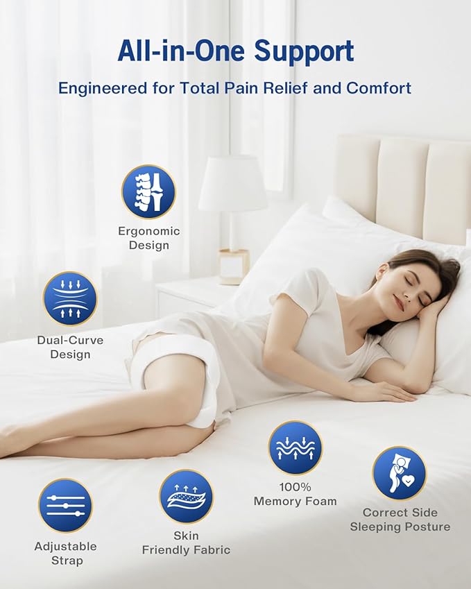 Knee Pillow for Side Sleepers, Leg Pillow for Hip Pain Relief & Spine Alignment, Memory Foam Pillow Between Knees with Adjustable Strap, Relief for Back, Sciatica, Joints