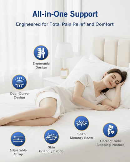 Knee Pillow for Side Sleepers, Leg Pillow for Hip Pain Relief & Spine Alignment, Memory Foam Pillow Between Knees with Adjustable Strap, Relief for Back, Sciatica, Joints