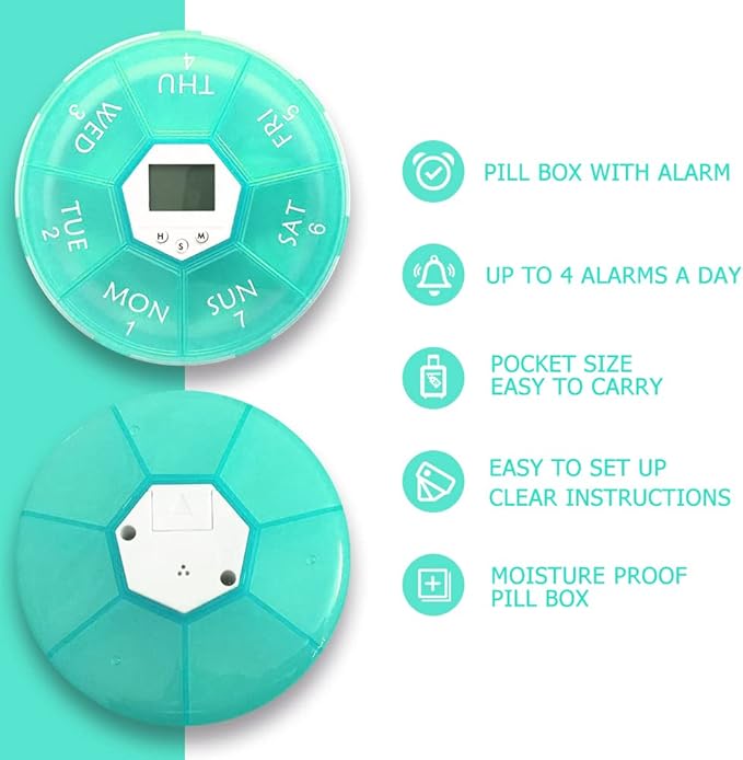 Weekly Pill Dispenser with Alarm, 7-Day Medicine Pill Organizer with up to 4 Alarms Per Day,Portable Smart Pill Box, Pill Reminder, Green