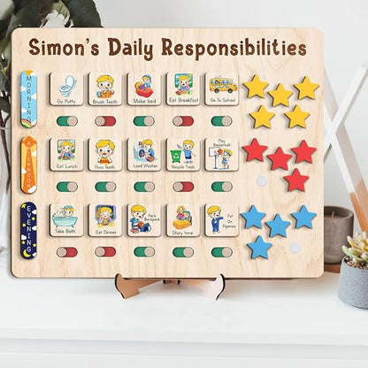 Wooden Chore Chart for Kids Visual Schedule, Routine Chart for Kids, Morning Bedtime Routine Chart for Toddlers Ages 2-4, Daily Kids Schedule Board for Home (18)