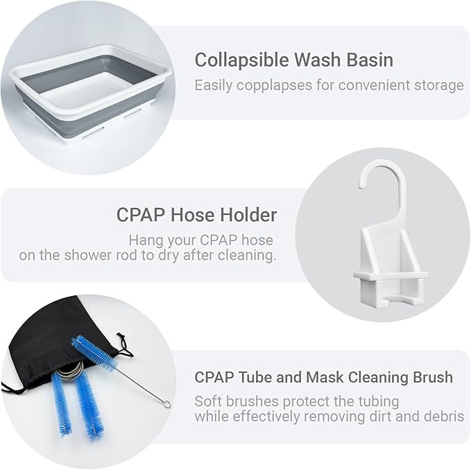 9 Pack CPAP Tube Cleaning Kit, Collapsible Wash Basin, CPAP Hose Holder, CPAP Tube Clips, CPAP Tubing Holder, Tube Cleaning Brush Fits for Standard15-22mm Diameter Tubing with Storage Bag