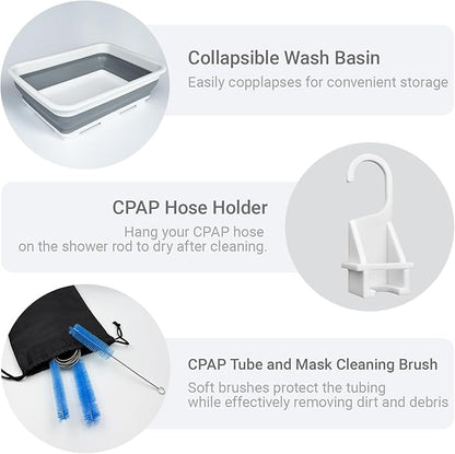 9 Pack CPAP Tube Cleaning Kit, Collapsible Wash Basin, CPAP Hose Holder, CPAP Tube Clips, CPAP Tubing Holder, Tube Cleaning Brush Fits for Standard15-22mm Diameter Tubing with Storage Bag