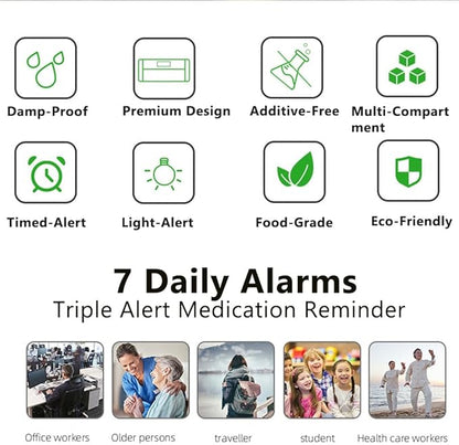 Automatic Medicine Dispenser - 7 Alarms (Beep, Vibration, Light), Large Compartments, Moisture-Proof, Portable Pill Organizer with Large Screen & Indicator Lights
