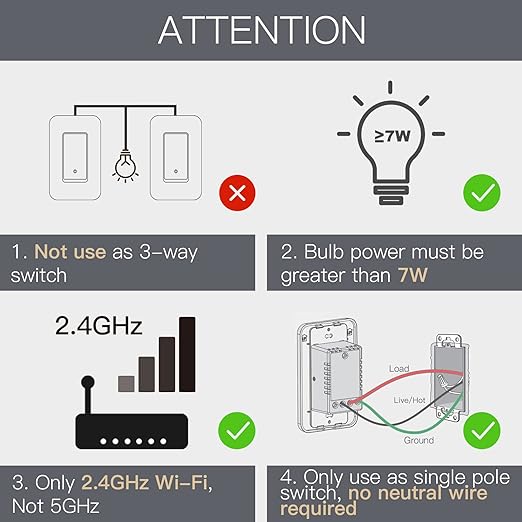 MOES WiFi Smart Light Switch No Neutral Wire, No Capacitor, No hub Required, 2nd Generation Single Live Wire Push Button, Tuya Smart Life App Remote Control Work with Alexa and Google Home, Minimum 7W
