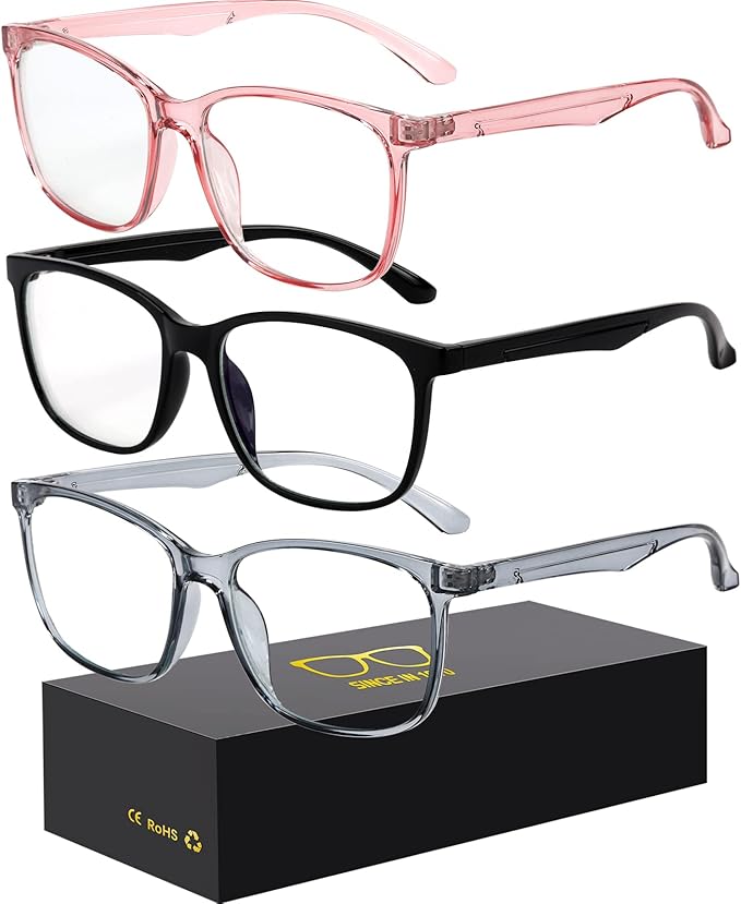 Blue-Light Blocking Glasses Computer Reading/Gaming/TV/Phones Glasses Fashion Anti Eyestrain UV Glasses for Women Men（D8 Black + Gray + Pink）