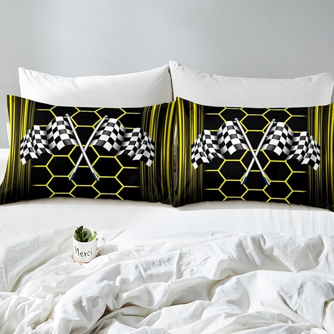 Yellow Honeycomb Geometric Fitted Sheet Queen Size Racing Car Bedding Sheet Set,Checkered Flag Bed Cover Ultra Soft Breathable Bedding 3 Pcs