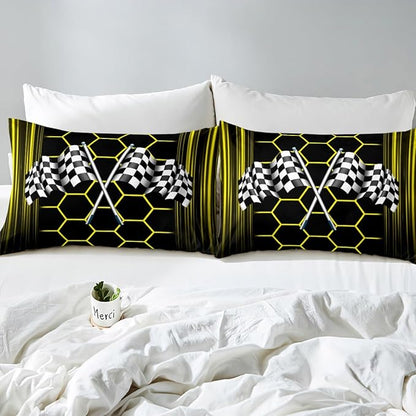 Checkered Flag Bedding Set Twin Size Racing Car Bed Set for Teens Bedroom Decor Kids Sheet Microfiber Yellow Honeycomb Geometric Bed Cover(1 Fitted Sheet+1 Pillow Case)