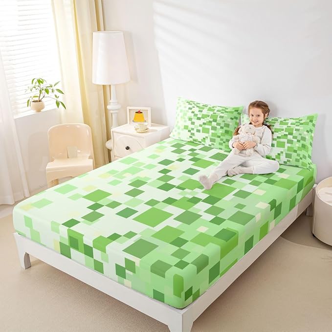 Pixelated Check Kids Queen Size Fitted Sheet,Patchwork Grid Video Games Room Decor,Lattice Geometric Abstract Boys Girls Bed Sheets,Green Bedding Set,2 Pillowcases(No Flat)