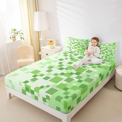 Pixelated Check Kids Queen Size Fitted Sheet,Patchwork Grid Video Games Room Decor,Lattice Geometric Abstract Boys Girls Bed Sheets,Green Bedding Set,2 Pillowcases(No Flat)