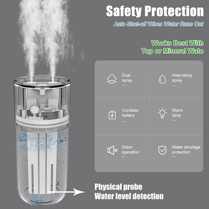 HODEMI Portable Small Humidifier - Cold Mist Humidifiers with Water Shortage Protection, Warm Night Light, Recharge Dual Nozzle Mini Humidifier for Bedroom, Plants, Office, and Car (Pink)