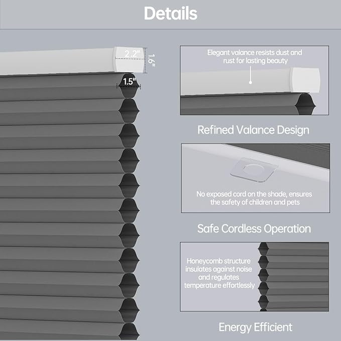 Cellular Shades Blackout Honeycomb Blinds for Indoor Windows, Cordless Cellular Shades 1.5 inch Cell Pleated for Bedroom Home Office, Custom Size, Blackout Light Grey