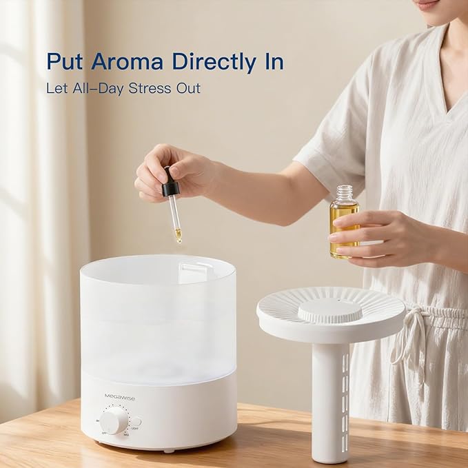 MEGAWISE 1.5L Cool Mist Humidifier for Bedroom, Home, Office, and Plants, Essential Oil Diffuser with Adjustable Mist Output, 25dB Quiet Ultrasonic, Up to 10 Hours, Easy to Clean