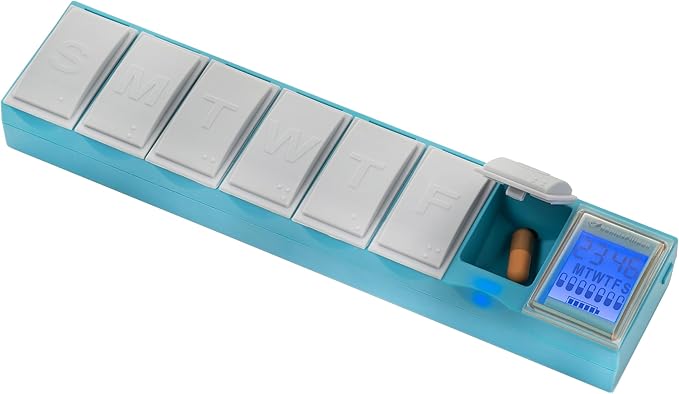 Easy Reminder Pill Box Organizer, Smart Sensors with Gentle Alarm Only if You Miss Dose or Open Wrong Day, Blue