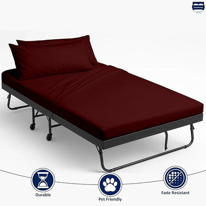 Cottingon 33"x75" Cot Sheet and Pillow Case 4 Piece Set, 100% Egyptain Cotton Soft Bedding Perfect for Rollaway, Folding, Guest Bed Frame, Fits Upto 7" Deep Mattress, Burgundy Solid