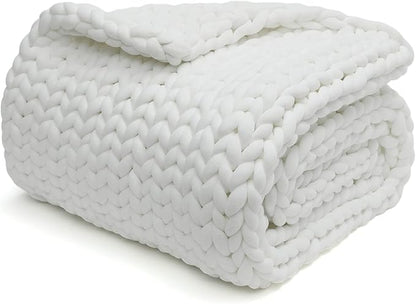 YnM Knitted Weighted Blanket, Hand Made Chunky Knit Weighted Throw Blanket for Sleep or Home Décor, Rest and Relax in Style Handmade Weighted Blankets (White, 80''x87'' 25lbs)