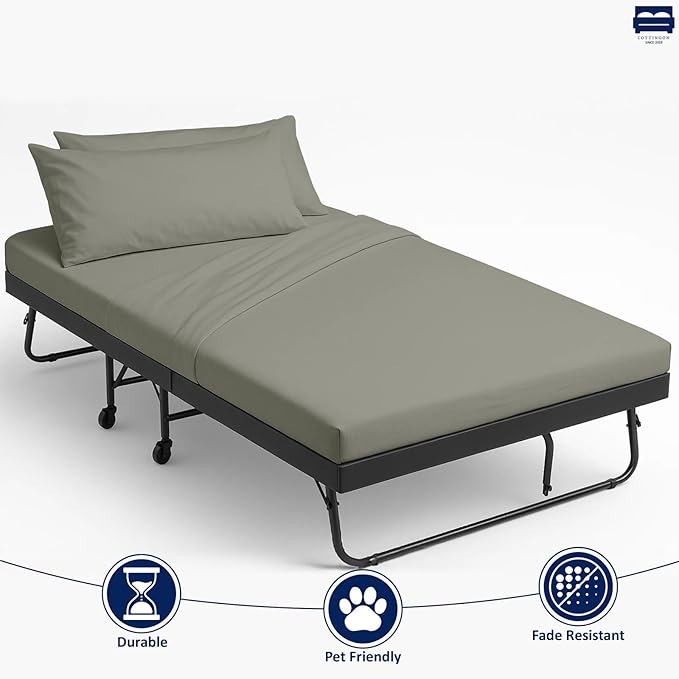 Cottingon 33"x75" Cot Sheet and Pillow Case 4 Piece Set, 100% Egyptain Cotton Soft Bedding Perfect for Rollaway, Folding, Guest Bed Frame, Fits Upto 7" Deep Mattress, Light Grey Solid