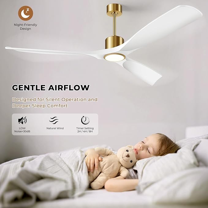 60 Inch Modern White and Gold Ceiling Fan with Lights, 3 Blade, Energy Efficient DC Motor, Smart App & Remote Control, 7230 CFM, 6 Speeds, 3 Light Colors, Indoor/Outdoor
