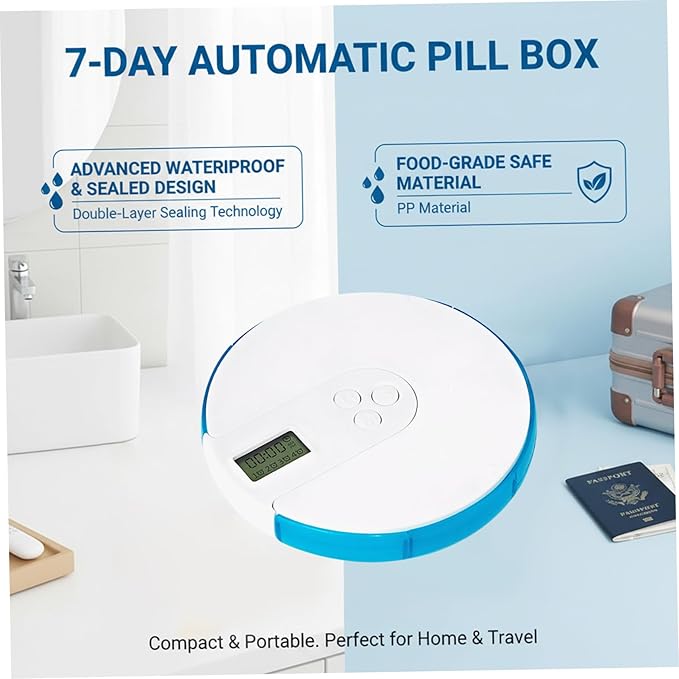 Automatic Pill Dispenser, 7 Day Pill Organizer with Large Digital Display & Alarm, Portable Travel Medicine Box for Vitamins & Medications Blue