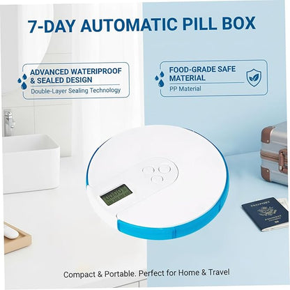 Automatic Pill Dispenser, 7 Day Pill Organizer with Large Digital Display & Alarm, Portable Travel Medicine Box for Vitamins & Medications Blue