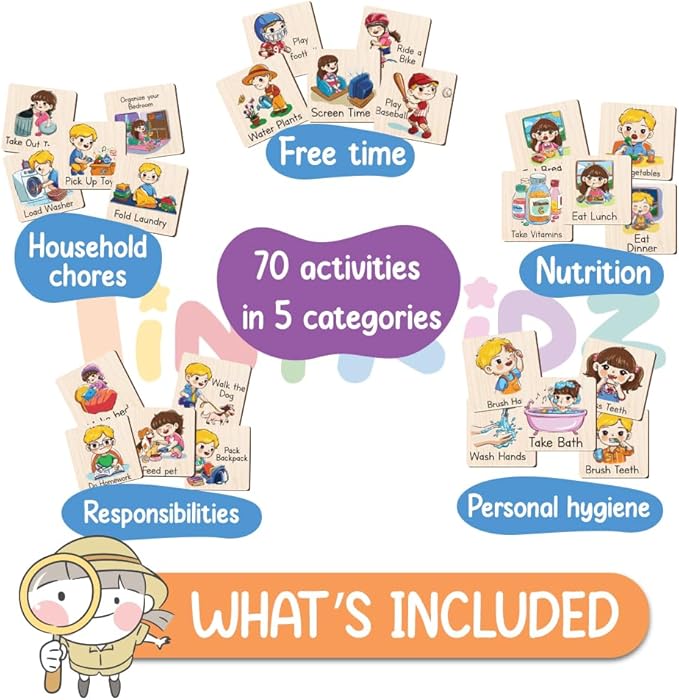Wooden Chore Chart for Kids Visual Schedule, Routine Chart for Kids, Morning Bedtime Routine Chart for Toddlers Ages 2-4, Daily Kids Schedule Board for Home (08)