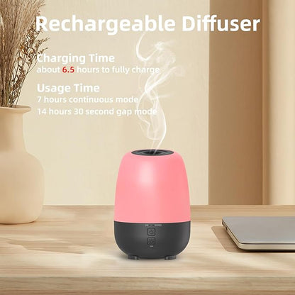 150ML Rechargeable Battery Powered Essential Oil Diffuser, Cordless Portable Aromatherapy Diffuser,7-Hour Run time, 7-Color LED Lights