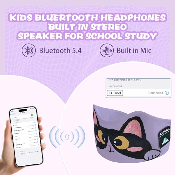 Kids Headband Headphones,Toddler Bluetooth Sleep Mask,Adjustable Wireless Headphones with Wired Playback Type C Jack Suitable for Study, Travel and Sleep(Purple)