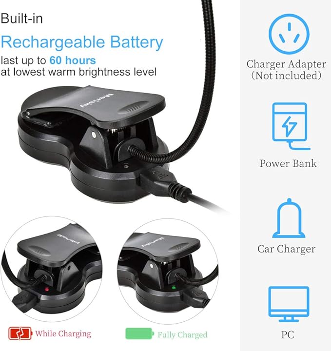 Rechargeable Book Light: Clip on LED Book Light for Reading in Bed - Adjustable 3 Color 3 Brightness - 60 Hours Eye Care Reading Lamp-Lightweight & Portable for Bed &Travel (Black)